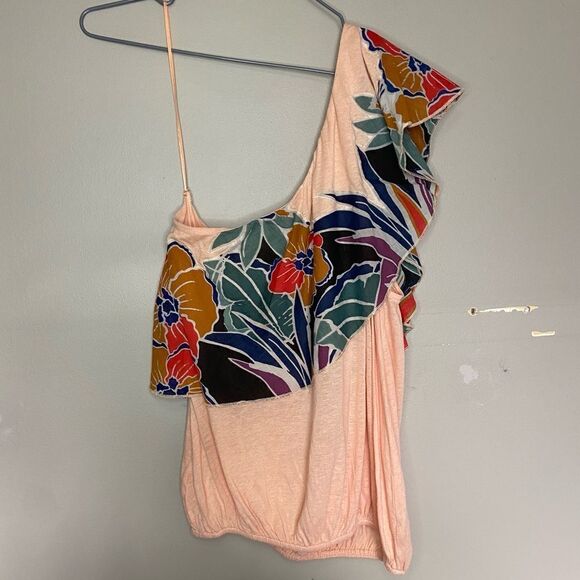 Free People NWT Peach Floral One-Shoulder Ruffle Linen-Blend Tank Top Size XS - Picture 7 of 7